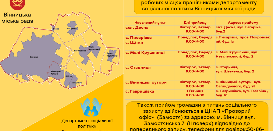 У Вінниці оприлюднили графік прийому громадян з питань соцзахисту на приєднаних територіях