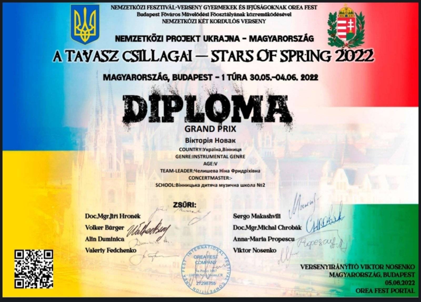 Випускниця дитячої музичної школи №2 Вікторія Новак здобула Гран-Прі Міжнародного благодійного конкурсу «Stars of Spring-2022»